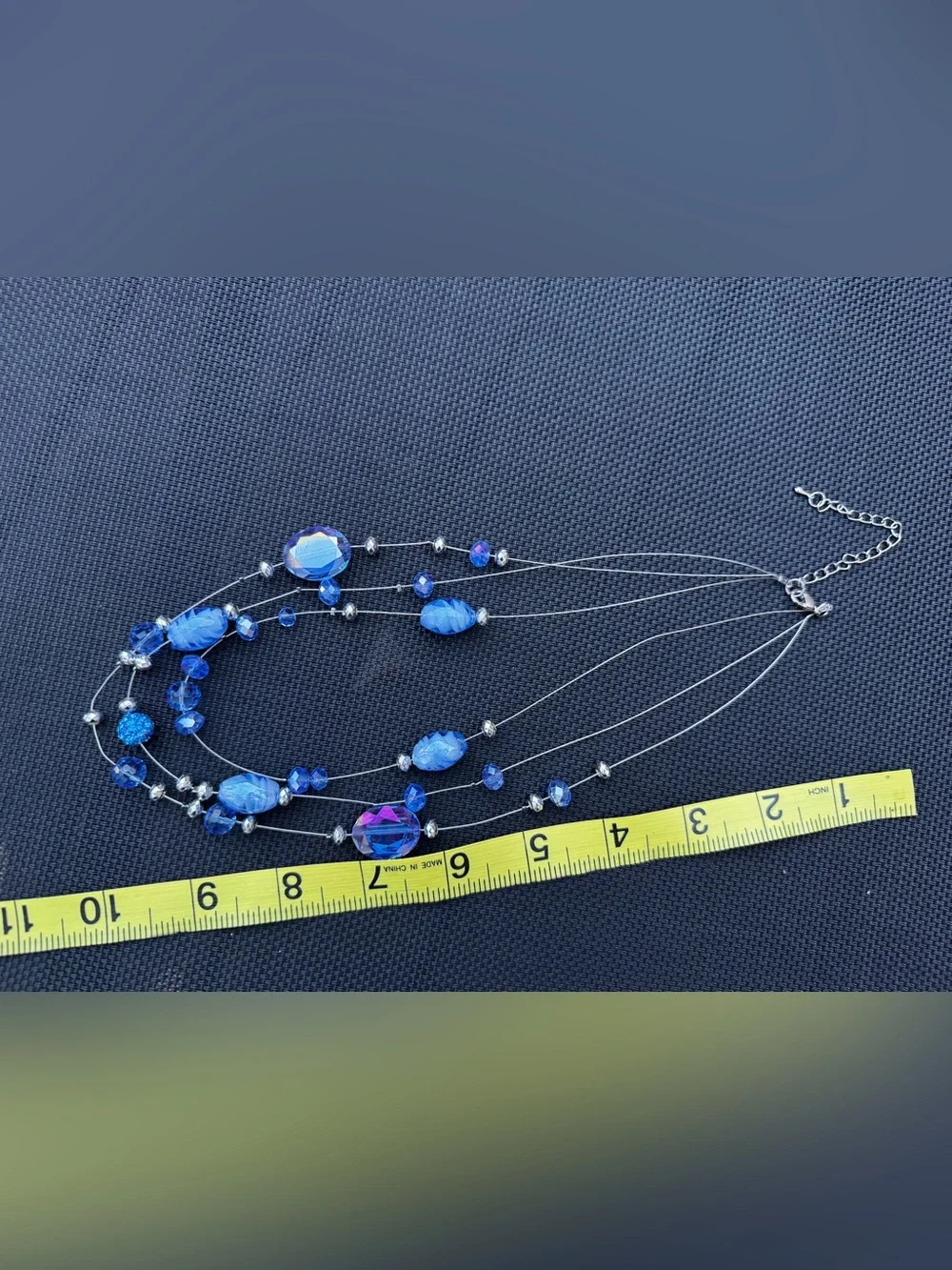 Blue Beaded Layered Multi-Strand Crystal Glass Necklace Lobster Closure 18